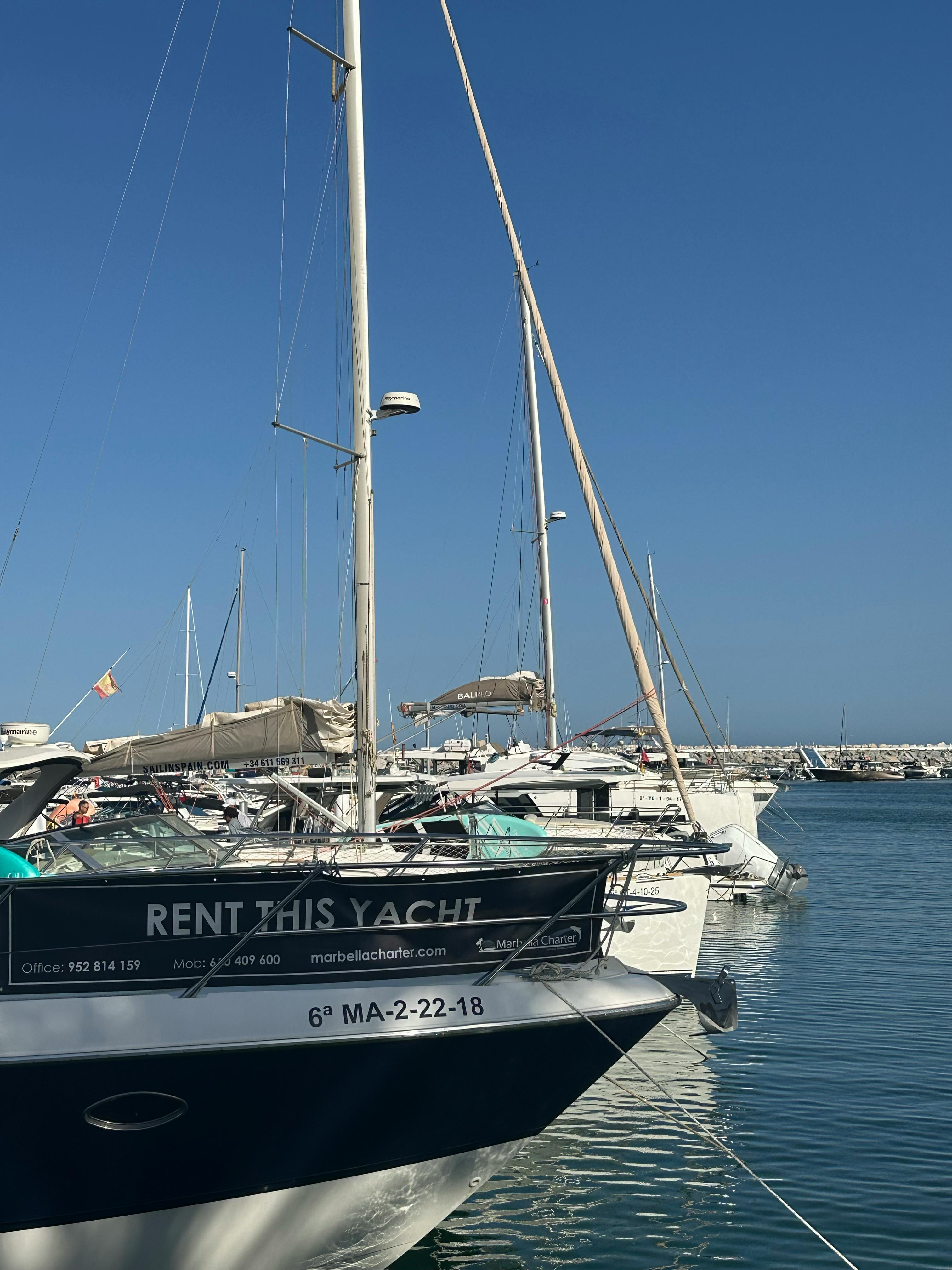 Sailing yachts docked at a serene marina, perfect for a sunny day adventure.