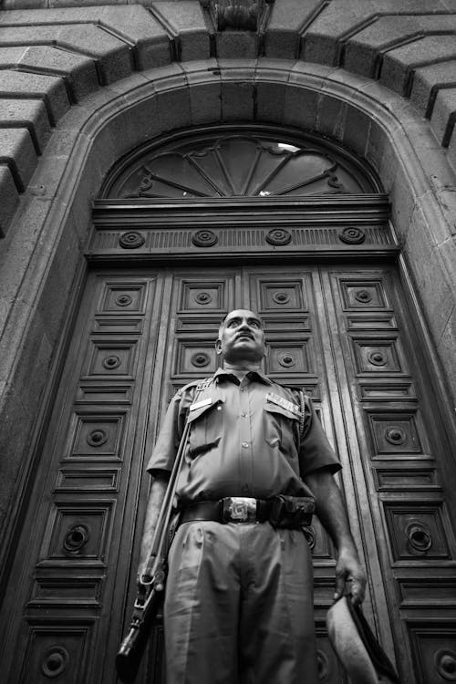 Free Sculpture of a Soldier in front of Detailed Wooden Door Stock Photo