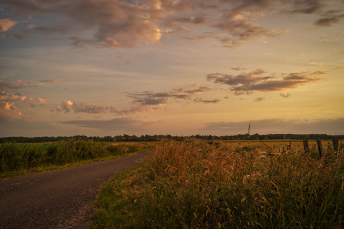 Free Serene rural landscape with a winding road under a vibrant sunset sky. Stock Photo