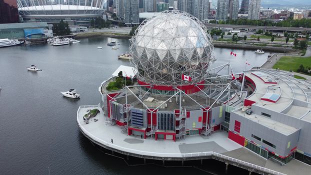Aerial shot of Science World and nearby marina in Vancouver, Canada.