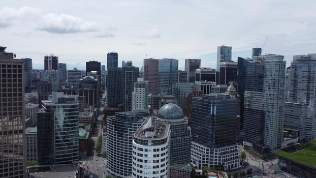 Aerial view of downtown Vancouver showcasing modern skyscrapers.