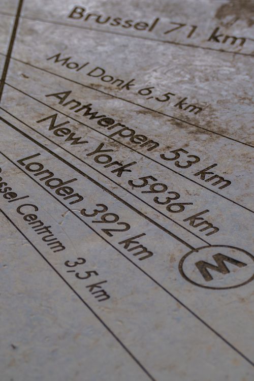 Free Directional marker illustrating distances from Dessel to global cities engraved on metal. Stock Photo
