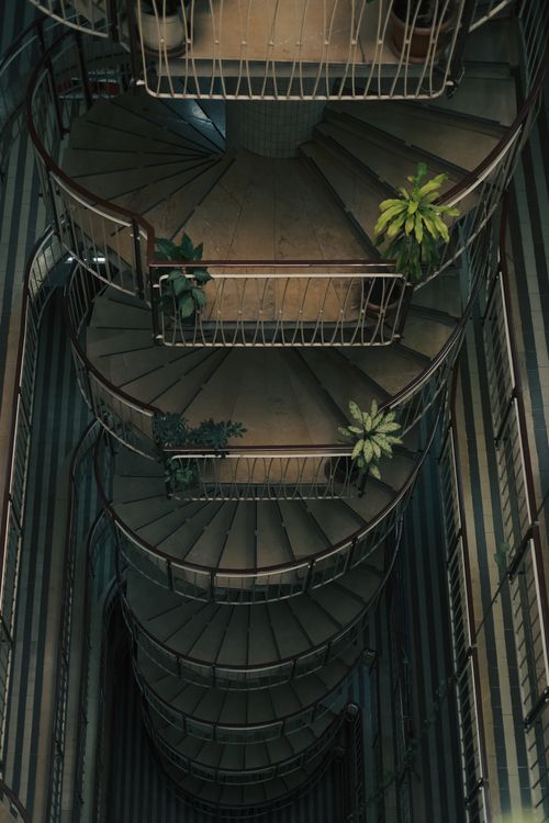 Free Aerial view of a dimly lit spiral staircase adorned with green indoor plants. Stock Photo