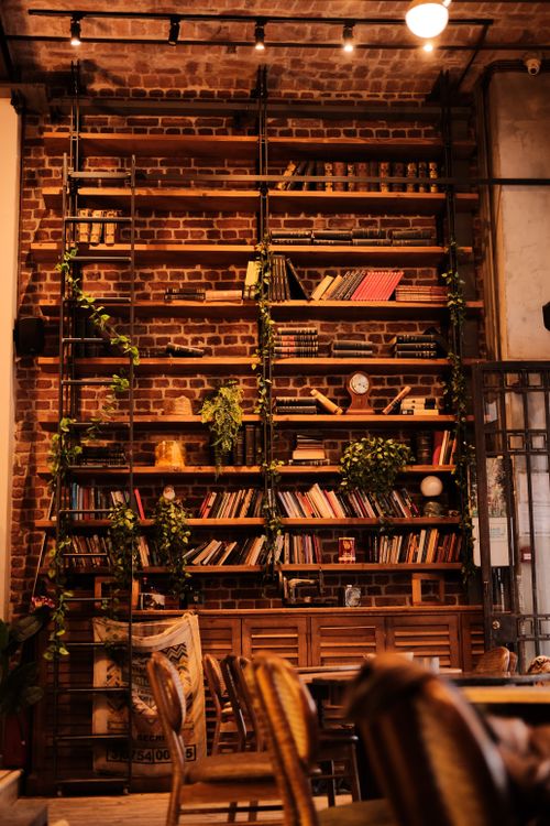 Free Warm and inviting library with books and plants against a brick wall, perfect for reading. Stock Photo