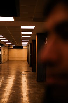 Dimly lit corridor with blurred male profile in a modern indoor setting.