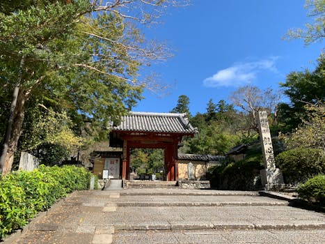 Scenic view of a traditional Japanese temple entrance in Wakayama surrounded by lush greenery.