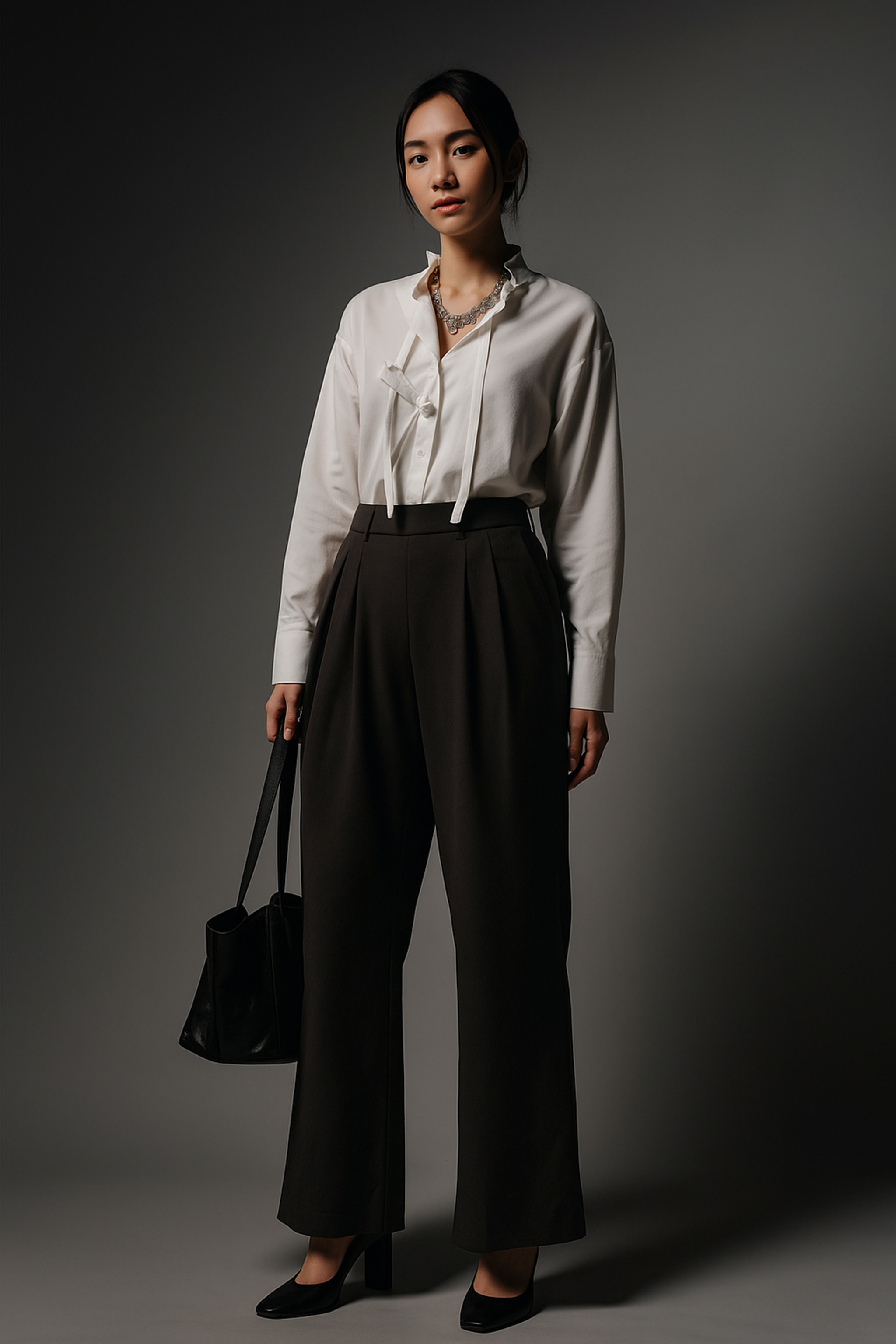 Woman wearing wide leg trousers with a blouse in the office