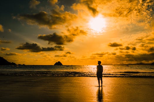 在印度尼西亚西努沙登加拉的海滩上，一个人的轮廓映衬着充满活力的日落