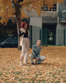 Two stylish women in autumn setting, vibrant colors, Buenos Aires.