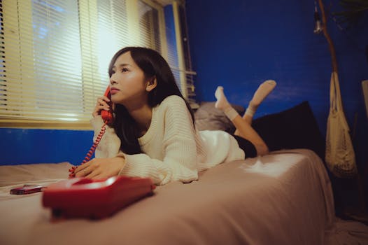 Young woman lying on bed, using vintage red telephone. Cozy indoor setting.