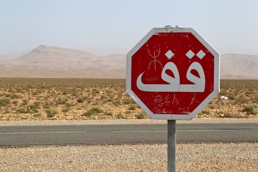 A red stop sign with Arabic writing stands in the vast Moroccan desert under a clear sky.
