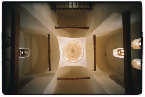 Free View of a historic church ceiling with ornate dome and vintage design. Stock Photo