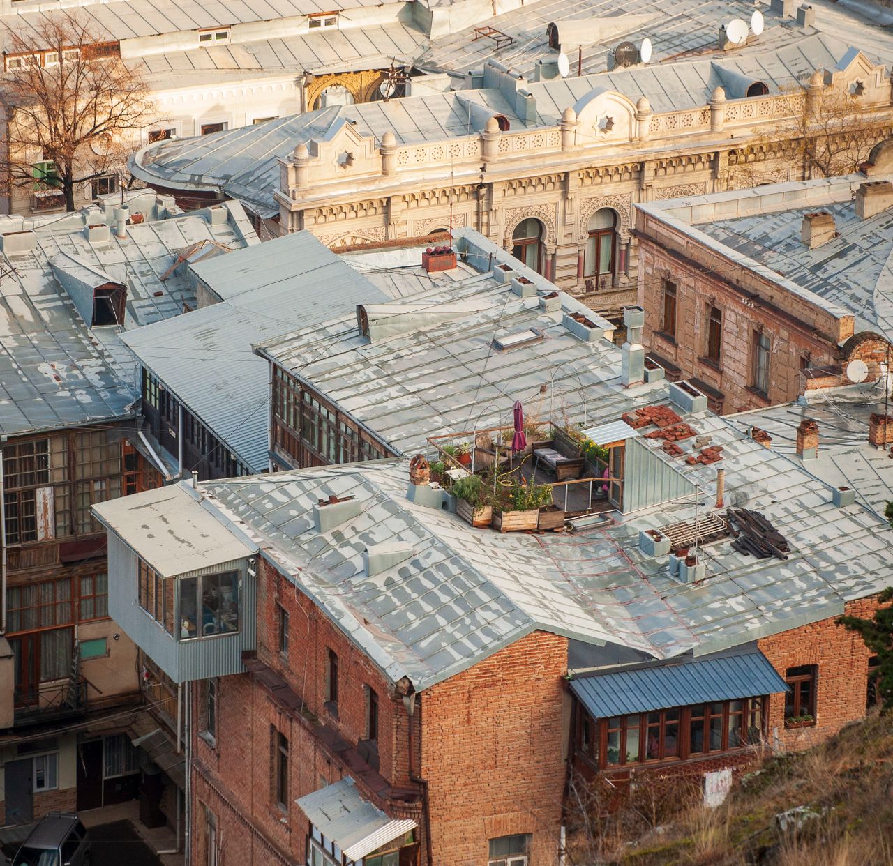 Aerial view of historic rooftops in an urban setting