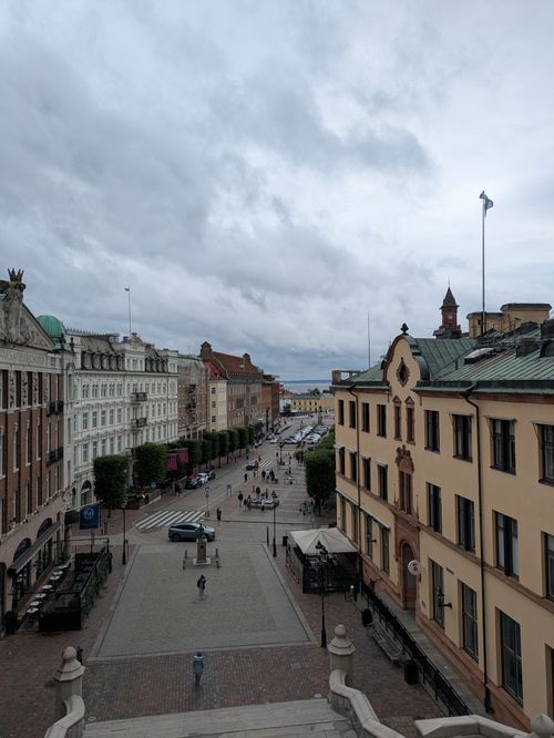 Free Overlooking a bustling street in Helsingborg, Sweden on a cloudy day. Stock Photo