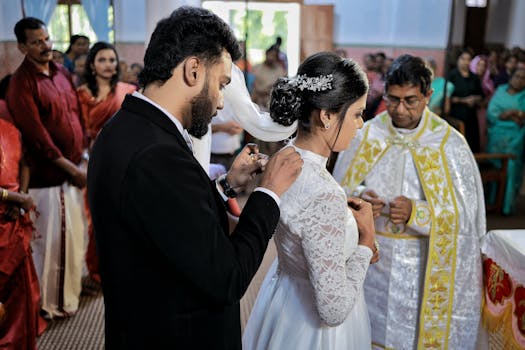 Bride and groom in traditional Indian wedding with cultural attire indoors.