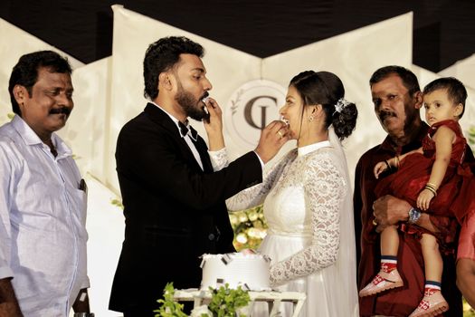 Bride and groom celebrate wedding with cake feeding ritual in a joyful family setting.