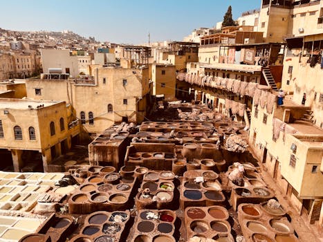 Aerial view of ancient leather tanneries in Fez, showcasing traditional Moroccan craftsmanship.