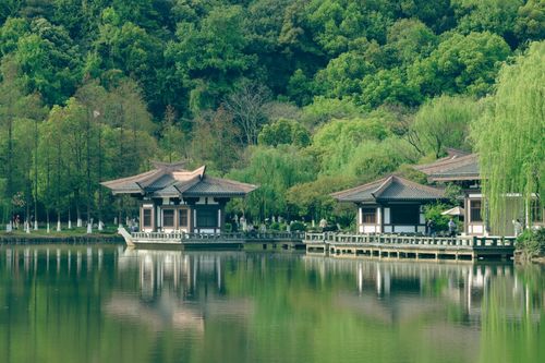 Free Peaceful Japanese garden setting with traditional buildings and lush greenery reflecting on a calm lake. Stock Photo