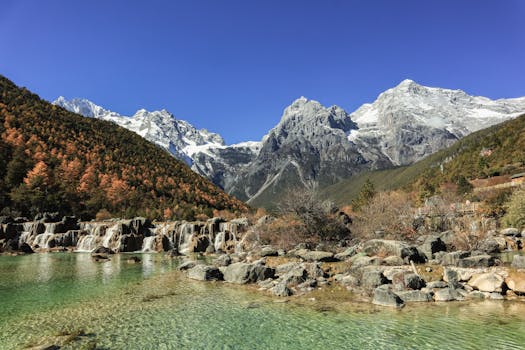 Scenic view of waterfalls cascading with snow-capped mountains under clear blue skies.