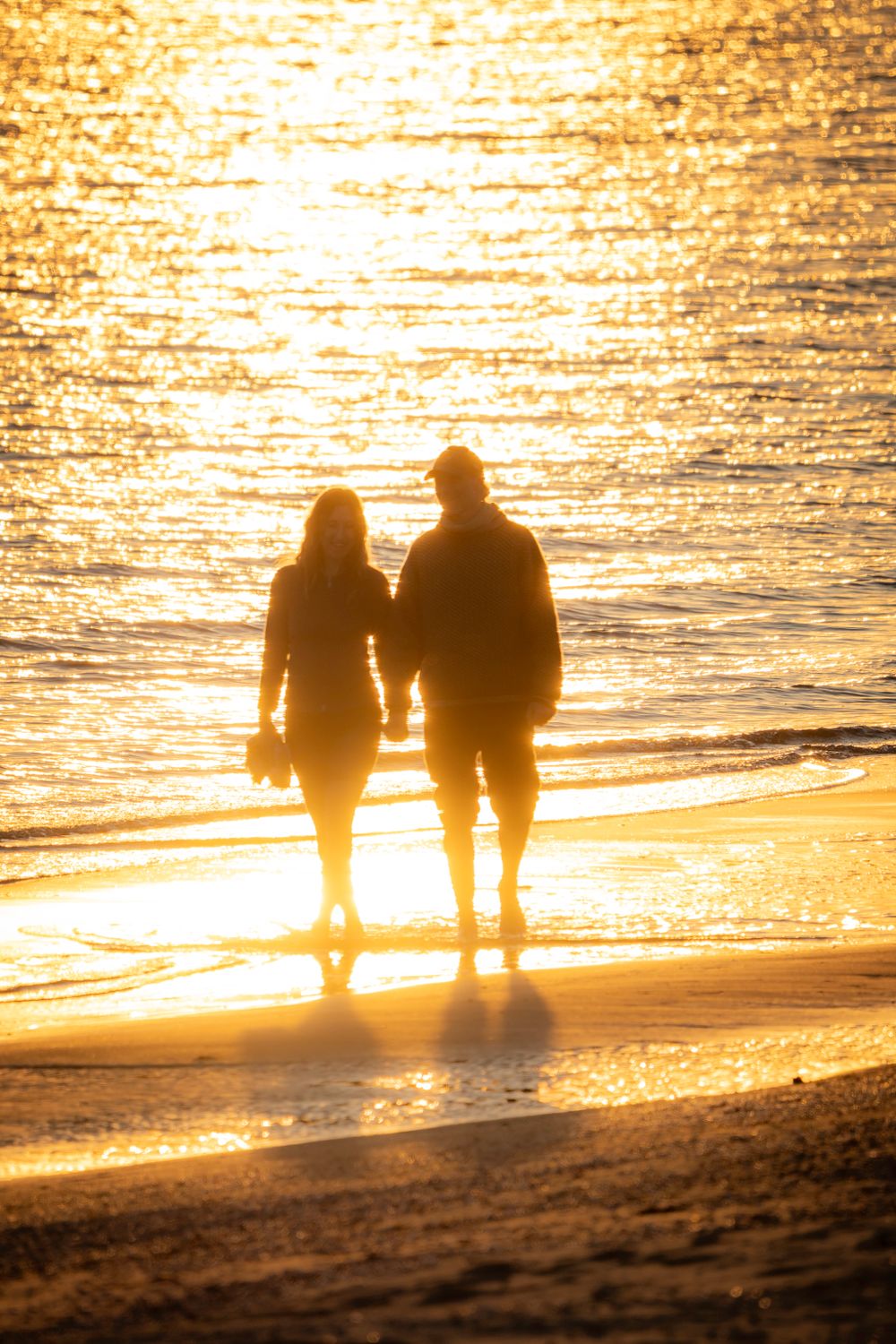 Silhouette of a Couple Walking on a Golden Beach · Free Stock Photo