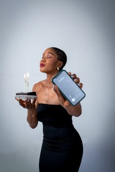 Woman celebrating birthday holding cake with candles and smartphone, smiling indoors.