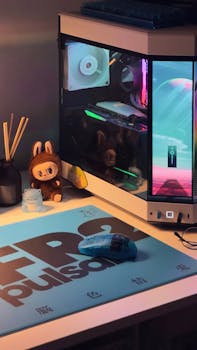 A vibrant gaming desk setup featuring LED-lit PC, mouse, and playful decor.