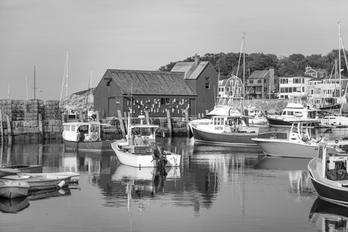 Free Scenic view of fishing boats at Rockport Harbor with the iconic Motif No. 1 in black and white. Stock Photo