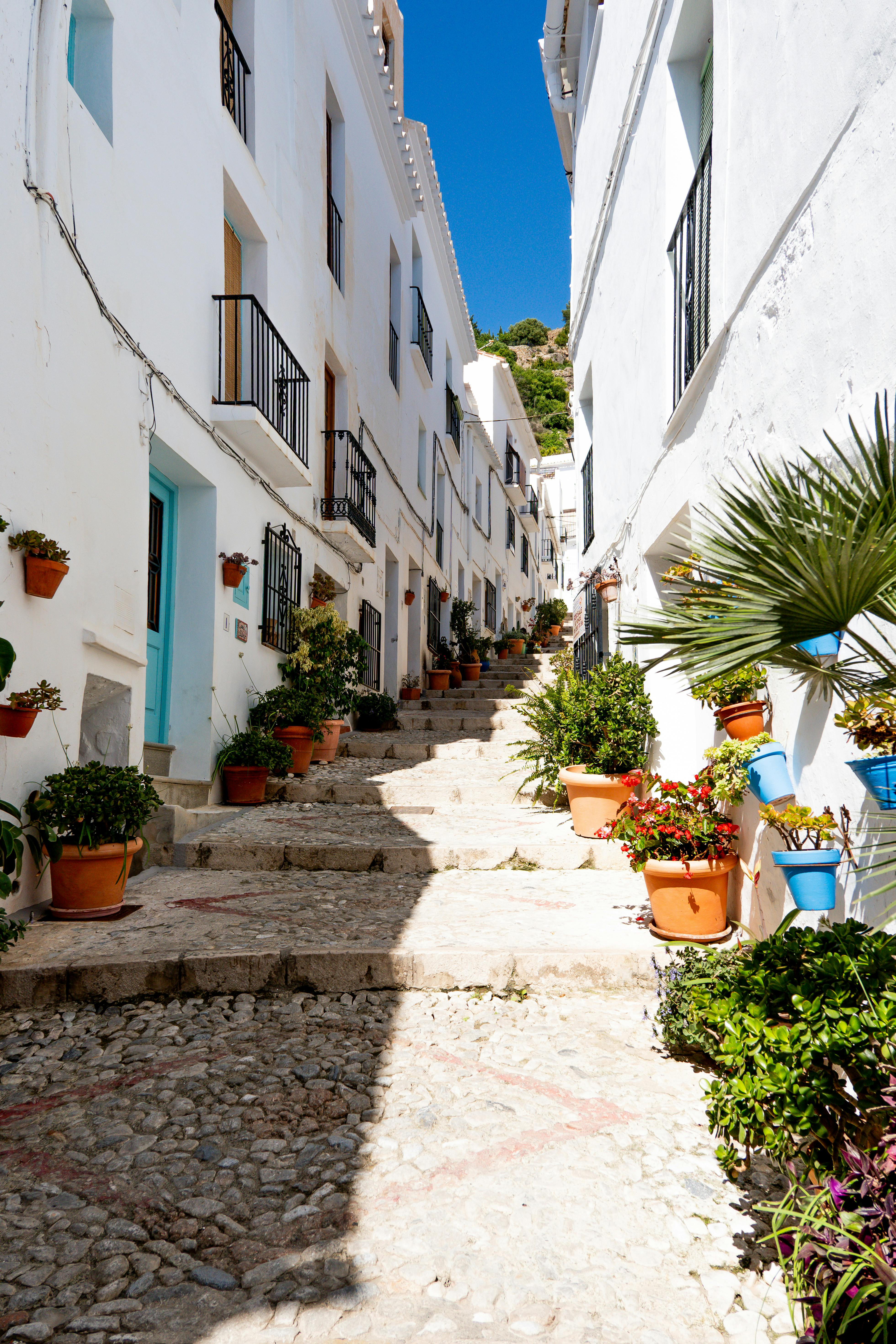 Discover the picturesque whitewashed houses of Frigiliana's charming cobblestone street in Andalusia, Spain.
