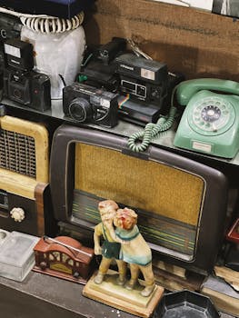 A nostalgic collection of vintage cameras, radios, and decor items in a retro setting.