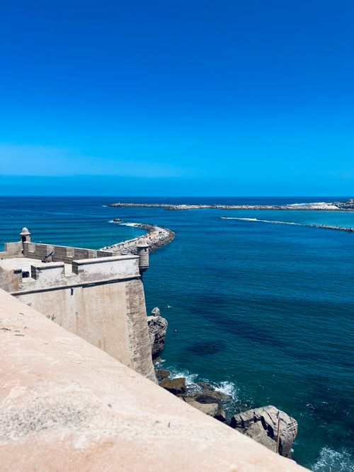 Free Beautiful coastal scene captured from an ancient fortress with vivid blue sea. Stock Photo