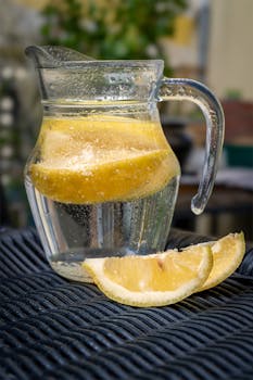 A clear glass pitcher with lemon slices, filled with water, placed outdoors on a sunny day.