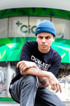 年轻人在城市街道上自信地穿着街头服饰