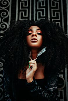 在这张充满活力的社论照片中，一位留着非洲发型、妆容大胆的模特在城市环境中散发着魅力与不羁