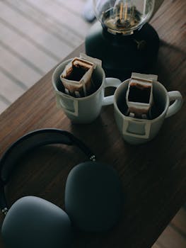 Overhead view of coffee cups with drip filters and headphones on a wooden table.