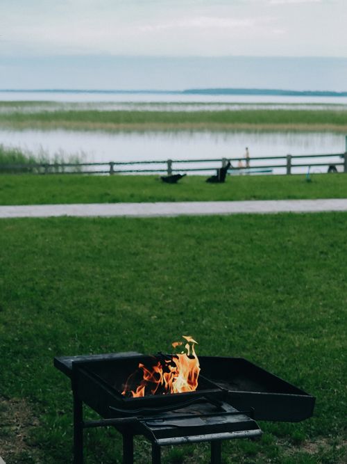 Free Serene lakefront barbecue setup with a grill and open flame on a summer day. Stock Photo