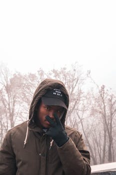 一位年轻人穿着夹克，在秋天有雾的背景下做出和平手势的肖像