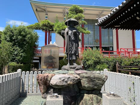 Peaceful Buddha statue in a traditional Japanese temple garden on a sunny day.