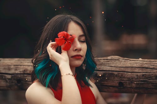 Foto Aproximada De Mulher Segurando Uma Flor De Hibisbus