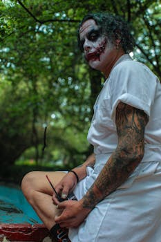 Vibrant Joker cosplay character posing outdoors in Mexico City, showcasing detailed makeup and tattoos.