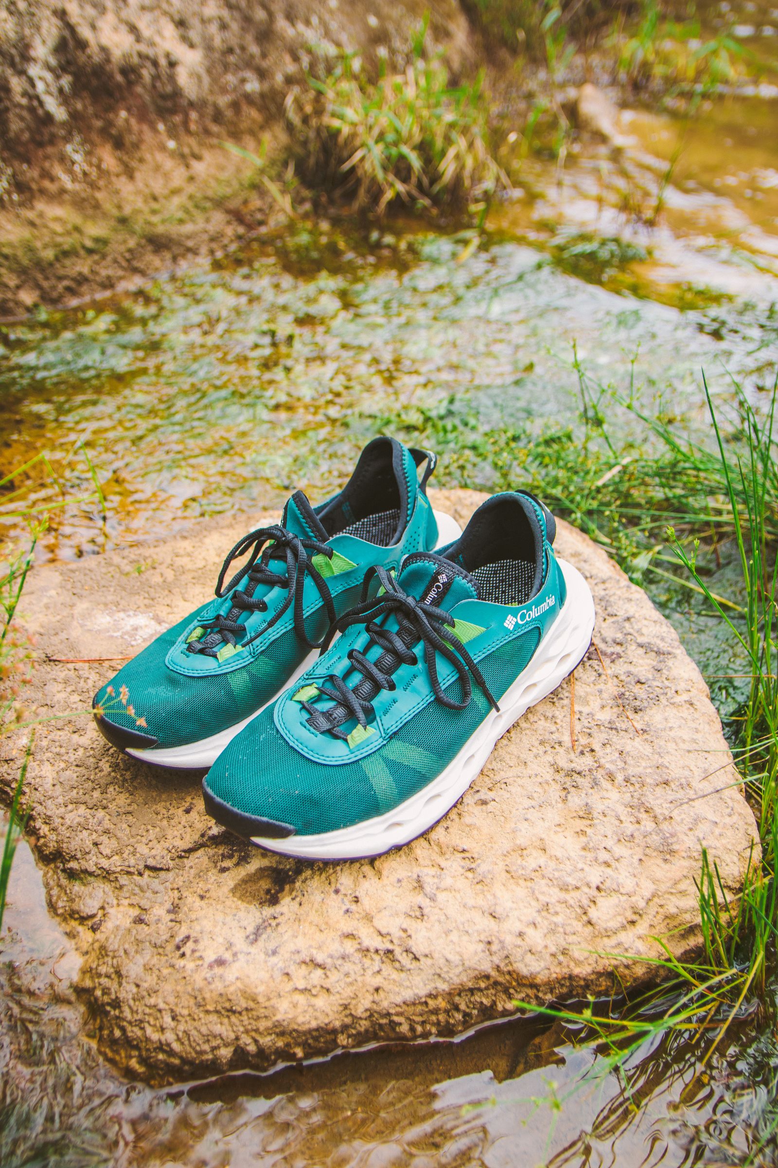Trail running shoes on rocky terrain