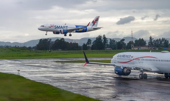JetSmart and AeroMexico aircraft on runway under cloudy sky, showcasing aviation travel.