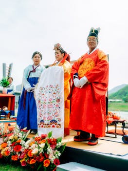 Beautiful traditional Korean wedding ceremony with vibrant Hanbok attire outdoors in Seoul.