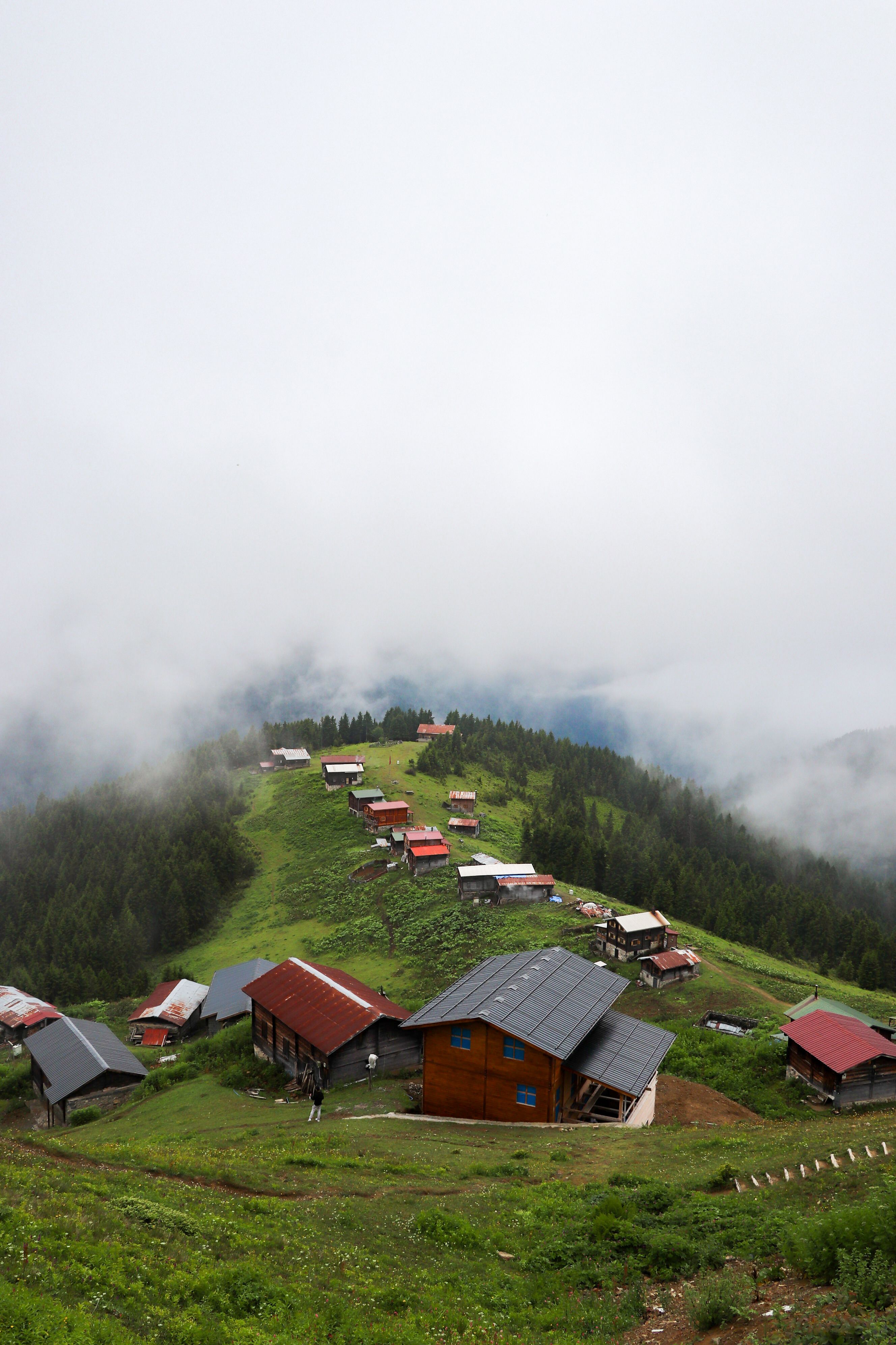 Idyllic mountain village surrounded by lush greenery and misty hills.