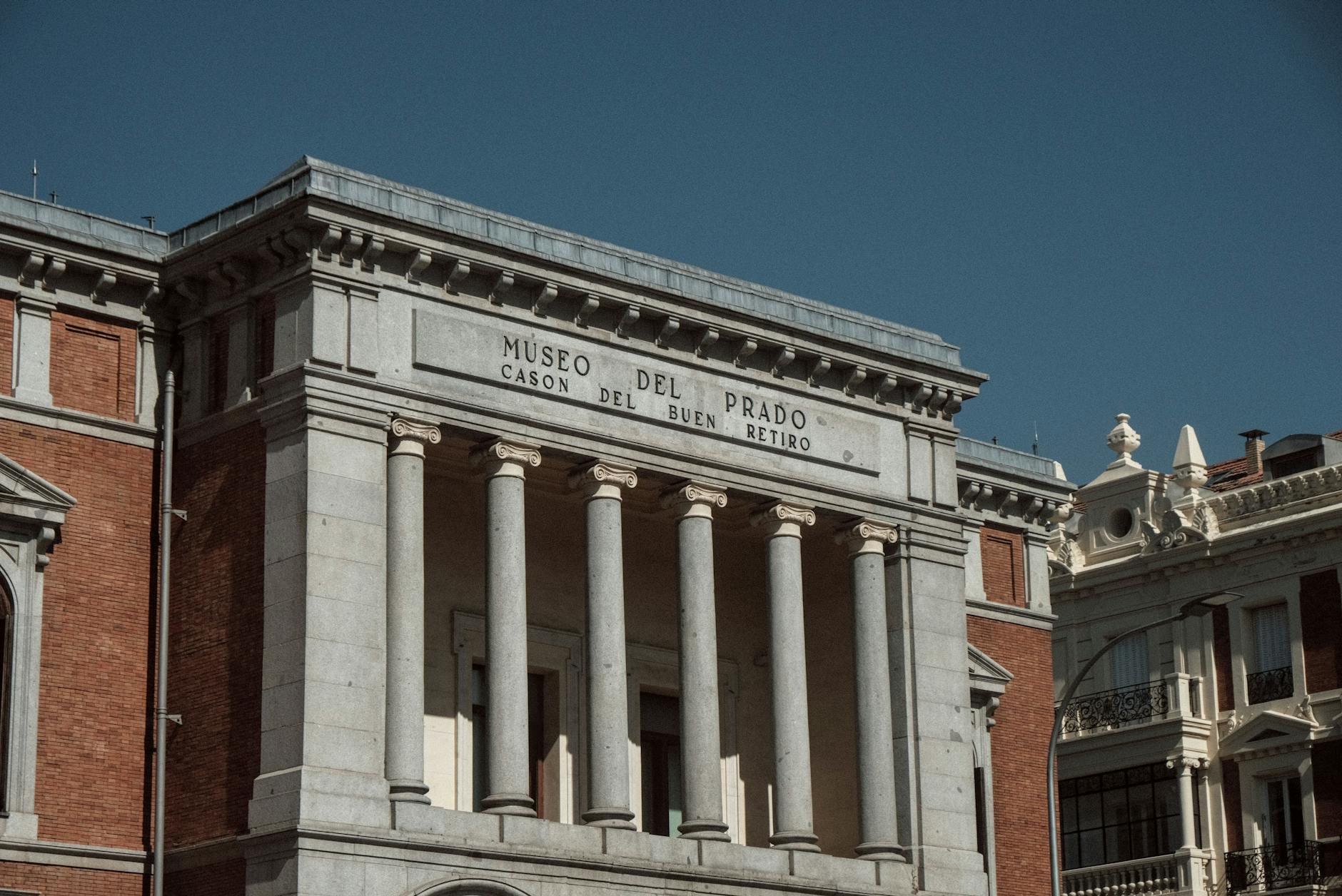 Elegant neoclassical facade of Cason del Buen Retiro, part of Museo del Prado, Madrid.