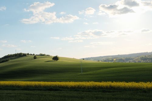 Free A scenic view of rolling green hills with a bright blue sky, perfect for nature lovers. Stock Photo