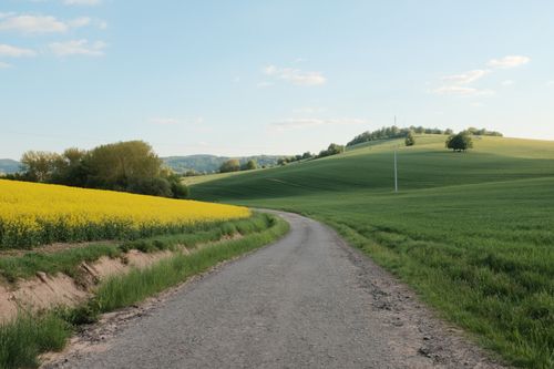 Free A peaceful country road winds through lush green hills and vibrant yellow fields under a clear blue sky. Stock Photo
