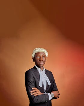 A young lawyer poses confidently with arms crossed, wearing a formal suit and legal wig against a gradient backdrop.
