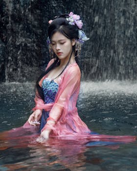 A serene woman in colorful traditional attire sits by a cascading waterfall.