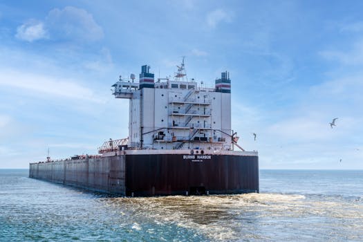 A huge cargo ship named Burns Harbor sails across calm waters under a clear sky, followed by gulls.