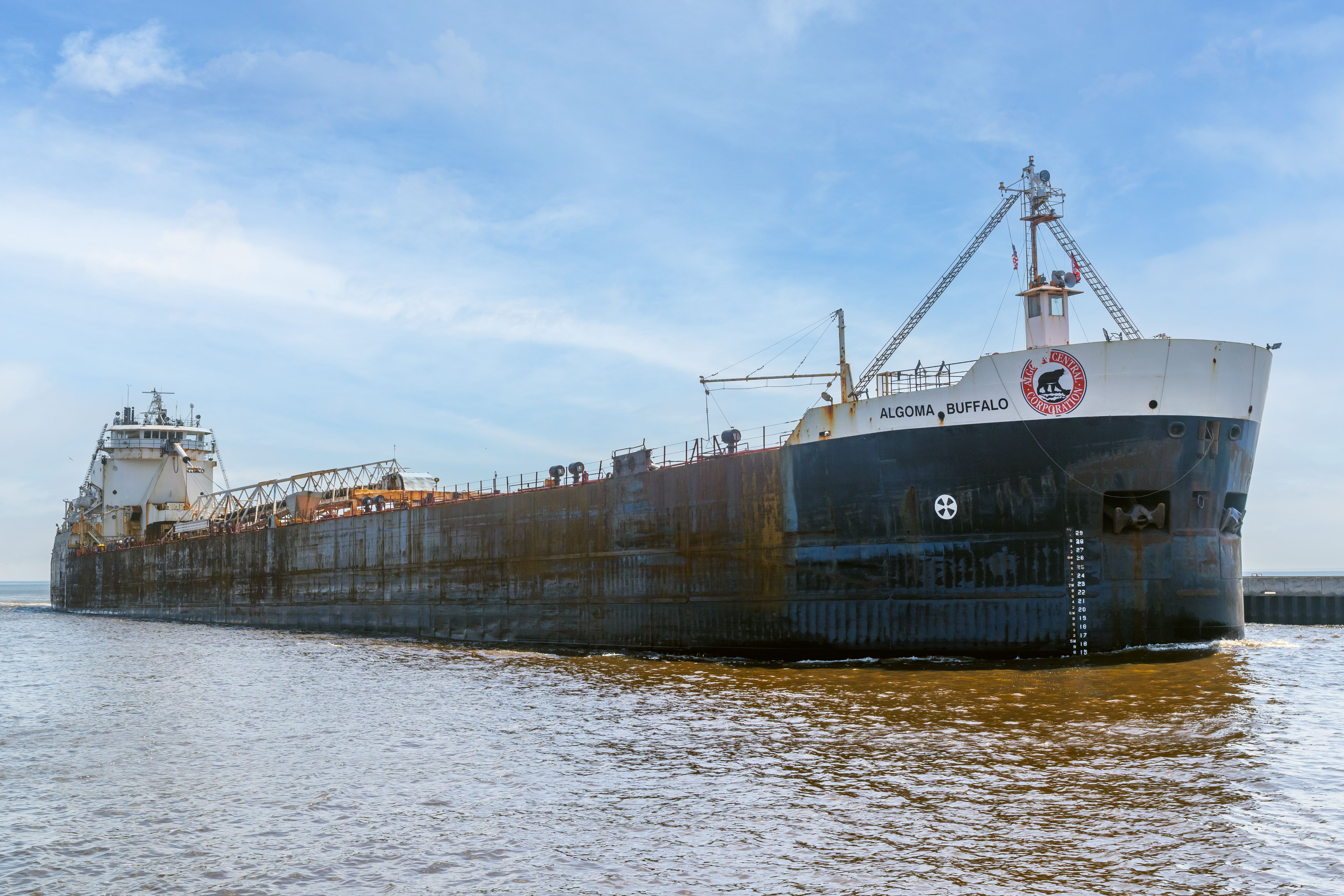 A massive cargo ship travels through open waters under a bright sky.